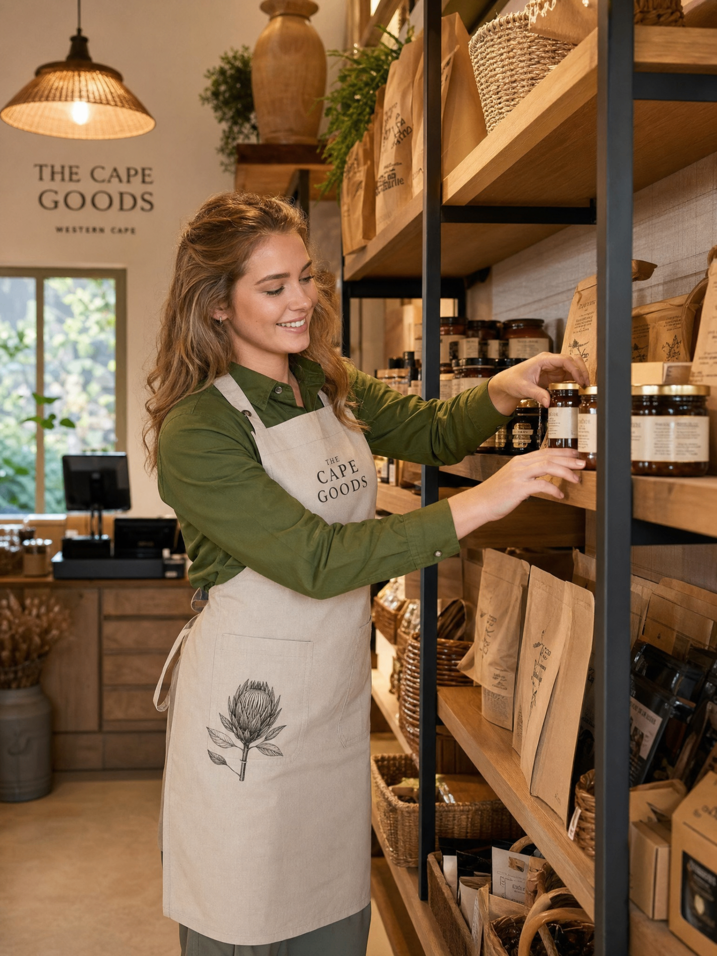 Wooden shelving inside a Cape Goods store, lined with preserves, jars and pantry goods